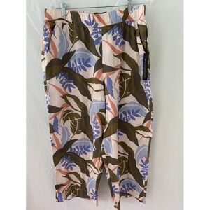 Tahari XL Linen Crop‎ Pants Tropical Leaf Print Elastic Waist Casual Trousers